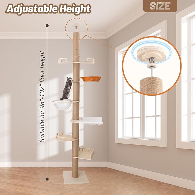 Romiromi 98”-102” Floor to Ceiling Cat Tree, Height Adjustable 7-Tier Ceiling to Floor Cat Tower, Wooden Pet Tree with 6 Sisal Scratching Post for Indoor Cats