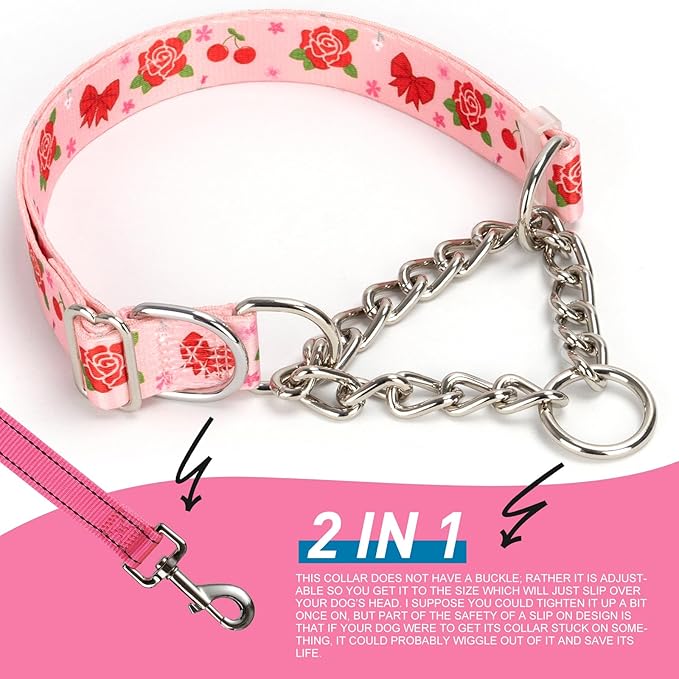 Martingale Dog Collar with Chain - Rose Flower Pattern Adjustable Anti Pull Training Collar Soft & Durable Design for Medium, Large & XL Dogs (XL, Rose Flower)