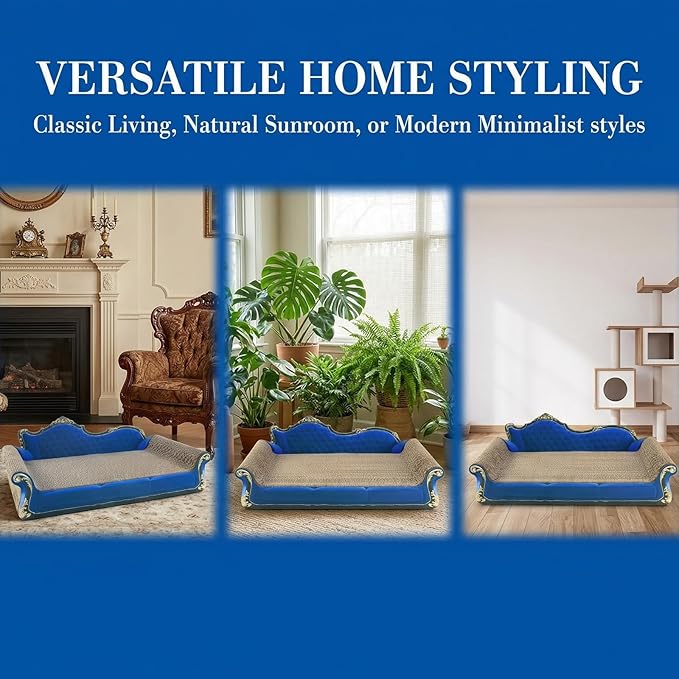 Royal Blue Sofa Shape Cat Scratcher, 19.9” Large 2-in-1 Cat Scratcher Lounge Bed, Sturdy Cardboard Scratching Board for Indoor Cats