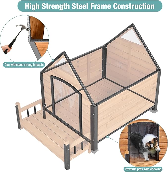 Large Dog House with Proch, Weatherproof Outdoor Kennel for Large Dogs, Chew-Resistant Iron Frame & Asphalt Roof for Outdoor (Wood, L)