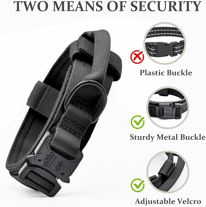 Tactical Dog Collar Set, Adjustable Military Training Nylon Dog Collar with Control Handle and Heavy Quick-Release Metal Buckle for Small Medium Large Dogs, Black Set XL