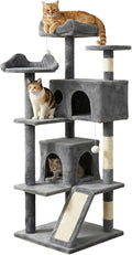 52.5in Cat Tree, Multi-Level Cat Tower with Spacious Kitten-Ear Perch, 2 Cozy Caves, Scratching Posts, Climbing Ladder, Durable Pet House Furniture for Indoor Kittens,Grey