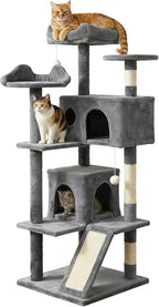 52.5in Cat Tree, Multi-Level Cat Tower with Spacious Kitten-Ear Perch, 2 Cozy Caves, Scratching Posts, Climbing Ladder, Durable Pet House Furniture for Indoor Kittens,Grey