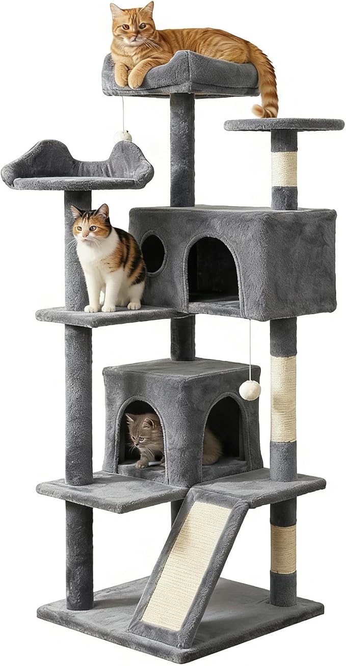 Pawly 52.5" Large Cat Tree with 2 Condos & Sisal Ramp, Premium CARB P2-Compliant Particle Board, 350G Plush Sturdy Cat Tower for Large Breeds, Senior Cats & Multi-Cat Household, Gray