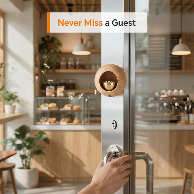 Round Shopkeepers Bell for Door Opening – Magnetic Wooden Door Chime & Wireless Brass Doorbell for Business, Office, Fridge – Modern Circular Wind Bell Entry Alert – No Battery