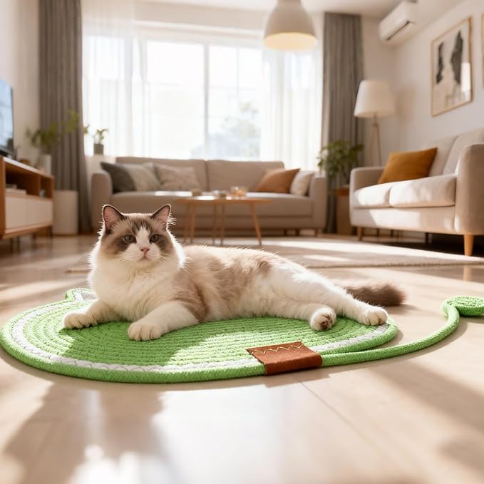 Cat Scratcher Mat Natural Cotton Rope Oval Horizontal Floor Cat Scratch Bed Pad with Ball Toy Protector for Furniture Floor Wall (Black, 2 PC)