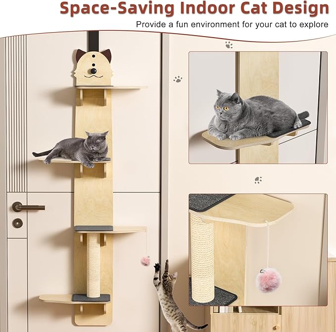 Vertical Cat Climbing Tree, Over Door Cat Hanger with Solid Wood Shelves Scratching Post Tease Ball, Cats Activity Tower 4-Levels Door Hanging Cats Climber Indoor (Wooden)