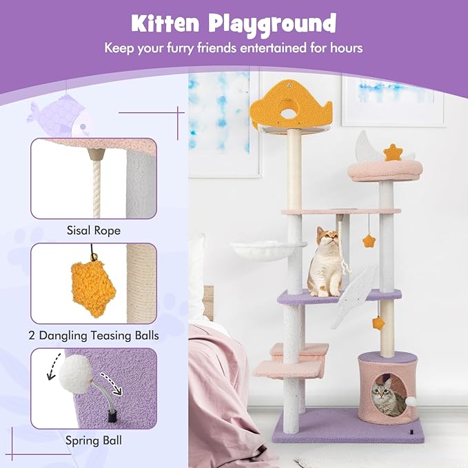 PETSITE Star and Moon-Themed Cat Tree Tower, Multi-Level Modern Cat Tower with Sisal Scratching Posts, Cat Condo, Side Hammock, Hanging Dangling Toys, Cute Cat Tree for Indoor Cats (66 Inch Tall)