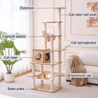 76-Inch Multi-Pure Wood-Level Cat Tree Tower with Condo, 16 Soft Plush Scratching Post,2 Space Capsule, with Cat Hammock,5-Story Perching Platform,Cat Tree for Large Cats.（1115）