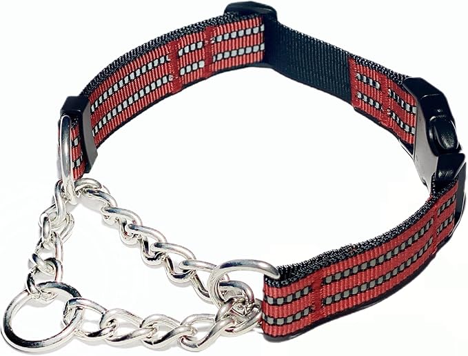 Martingale Collars for Dogs, Heavy Duty Stainless Steel Chain Training Collar, Reflective Nylon Adjustable Collar with Quick Release Buckle, Suitable for Puppy Medium Large Dogs((Red, L)