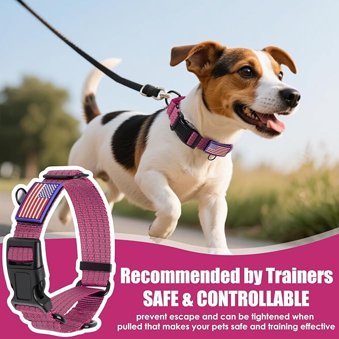 Martingale Collar for Dogs, Reflective Heavy Duty with Quick Release Nylon Buckle-USA Flag-No Pull Training Choker for Walking, Training, Hot Pink,M