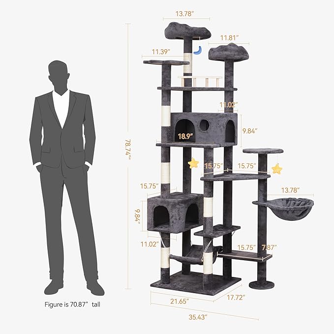 79in Giant Cat Tree for Heavy Duty Big Cats, Large Cat Trees with Scratching Post, Cat Tree Tower with Cat Condos, Hammock & Plush Perch for Maine Coon, Smoky Gray