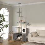 PawHut Cat Tree with Litter Box Enclosure, 2 in 1 Floor to Ceiling Cat Tower Litter Box Furniture with Condo, Bed, Hammock, Scratching Posts, and Platforms for Indoor Use, Gray