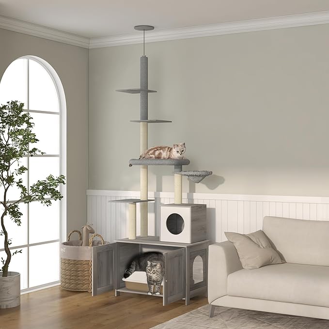 PawHut Cat Tree with Litter Box Enclosure, 2 in 1 Floor to Ceiling Cat Tower Litter Box Furniture with Condo, Bed, Hammock, Scratching Posts, and Platforms for Indoor Use, Gray