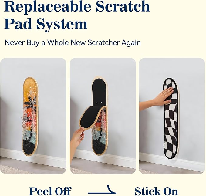 Wall Mounted Cat Scratching Board - Skateboard Style, Replaceable Scratch Mat, for Indoor Cats (24x6 Inches, Green Flowers)