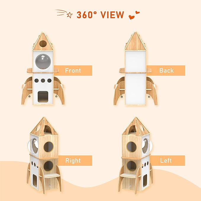 Modern Cat Tree Rocket Shape,54" Wood Cat Tower Multilevel for Indoor Cats, Cat Furniture with 3 Condos, Dangling Balls, Attic Perch