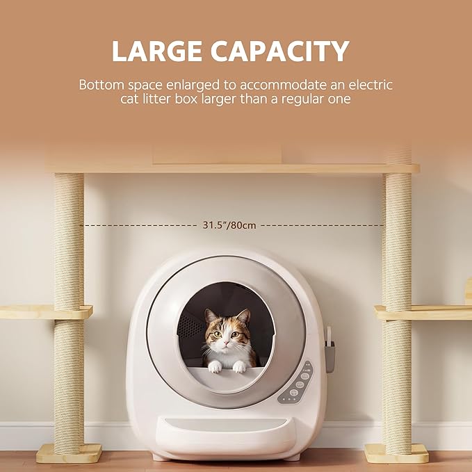 Wood Cat Tree Tower for Automatic Litter Box, 60.2'' Tall Cats Tree with Cat Tunnel, Cat Tower for Indoor Cats Large Adult, 4-Level Solid Wood Cats Furniture with 18Pcs Scratching Post, House
