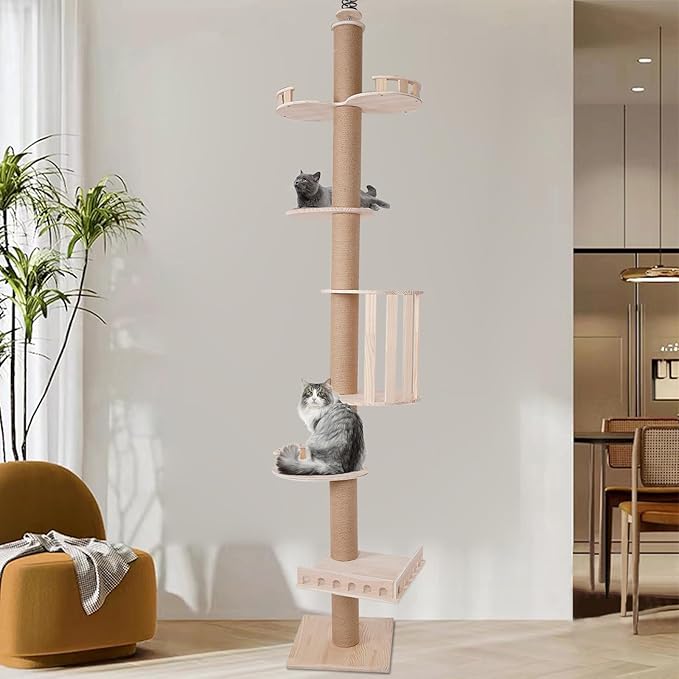 Floor to Ceiling Cat Tree Height 100-104inch, Adjustable Cat Tower 5 Tier Hemp Scratching Post with 4.5'' Thickened Post, 5 Level Cat Climbing Tower, Platforms Indoor Cats (Type B)