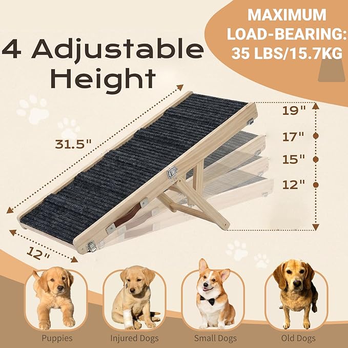 2026 Upgraded Foldable Dog Ramp for Couches, Wooden Small Dog Ramp for Sofa - 4 Adjustable Heights (12"-19"), Portable, Stable & Non-Slip, Wood