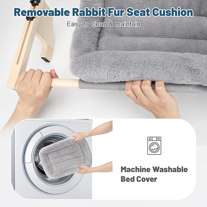 Cat Sill Window Perch - 100% Natural Pine Frame, Soft Rabbit Fur Cushion, Tool-Free Adjustment, Supports 50 lbs (Large-Grey)