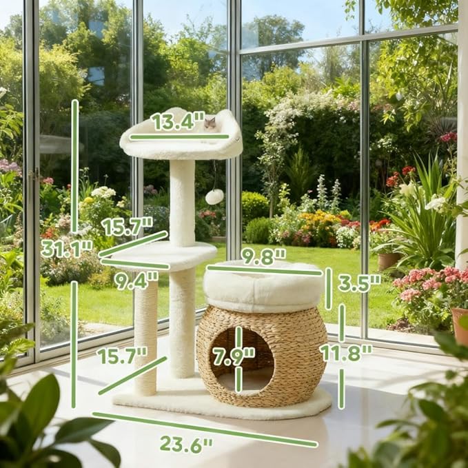 31-inch Flower Cat Tree, Large Cactus Cat Tree Tower Condo with Sisal Scratching Post, Cat Condos, Hammock, Removable Flower Cushion, Multi-Level Pet Activity Center, Pink (Cream White)