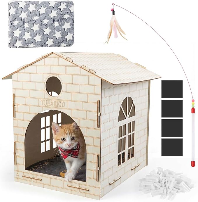 DIY Cat House Assembly cat Houses for Indoor Large Cat Cave Wood Cat Houses for Cats, Kittens, Small Dogs Cat Hideaway