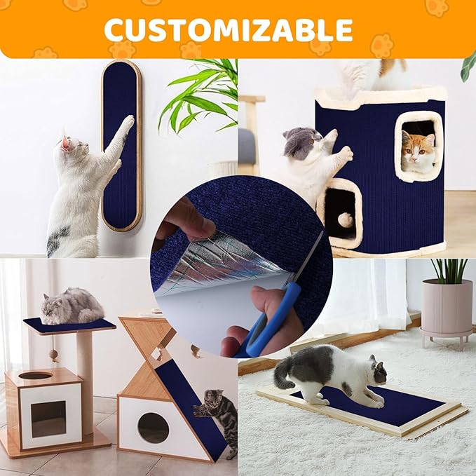 Cat Scratching Mat Self-Adhesive, 78.7'' x 15.8'' Trimmable Cat Scratch Pads Furniture Protector, DIY Climbing Cats Scratching Carpet for Couch, Door Frame or Wall Corner Protector (Dark Blue)