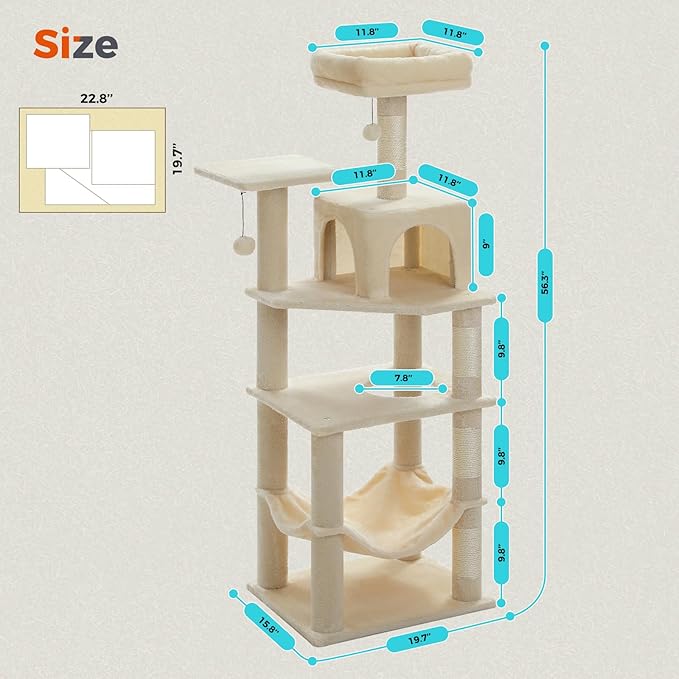 PEQULTI 56.3'' Cat Tree for Indoor Cats, Multi-Level Cat Tower with 2 Top Perch, Cat Condo, Hammock and Sisal-Covered Scratching Post, Beige