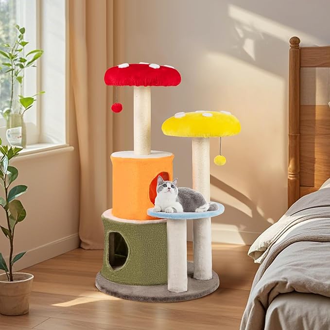 Tangkula Mushroom Cat Tree, 43 Inch Cute Cat Tower with Sisal Scratching Posts, Dual Cozy Condos, Padded Platforms, 2 Pompom Dangling Balls, Multi-Level Modern Cat Tree Tower for Indoor Cats