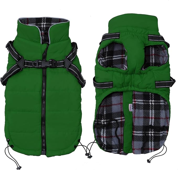 Geyecete Winter Warm Coat Waterproof Dog Jacket with Harness Traction Belt, Pet Outdoor Jacket - Green, XL