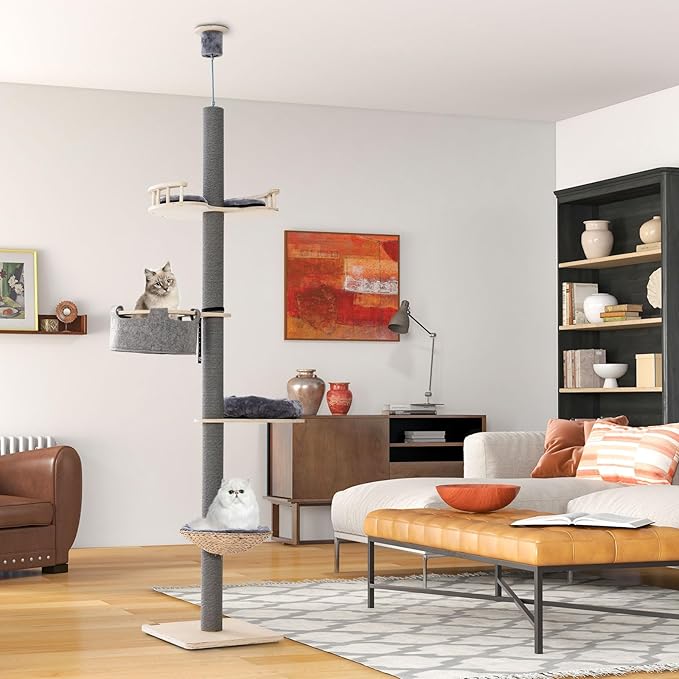 PETSITE Floor to Ceiling Cat Tree with 93”-107” Adjustable Height, 5-Tier Wooden Cat Climbing Pole with Scratching Post, Cozy Hammock and Basket Bed, Floor to Ceiling Cat Tower
