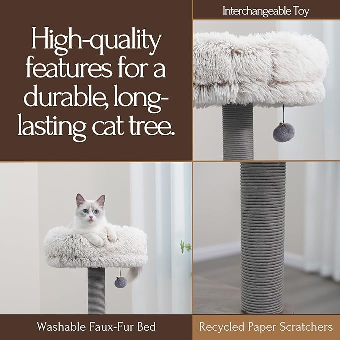 PetPals Modern Design Cat Tower, Wooden Cat Tree with Recycled Paper Rope Scratching Posts, Sisal Mat, Soothing Self Grooming Massager, Removeable Bed (Taupe)