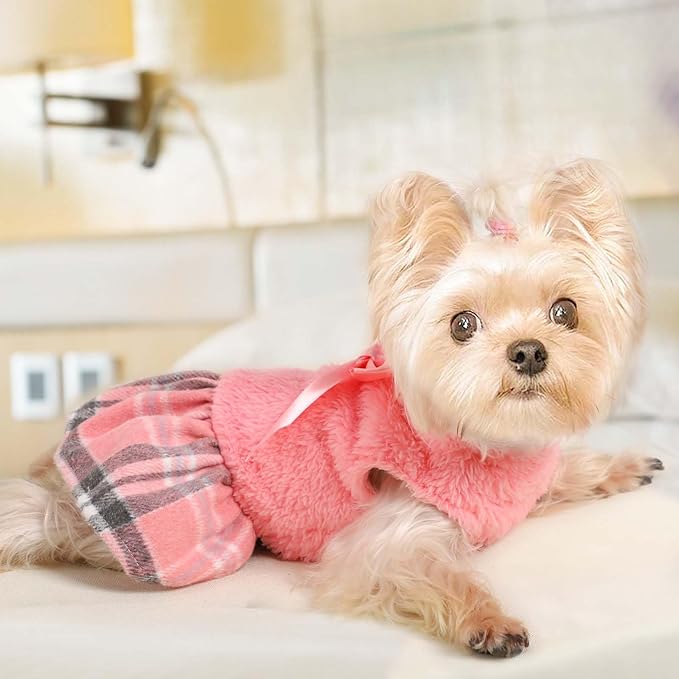 Dog Sweater Dog Winter Clothes for Small Dogs Boy Girl Fall Puppy Dress Warm Fleece Chihuahua Yorkie Teacup Doggy Sweaters Dresses Doggie Sweater for Small Dogs Girl Cat Sweaters, Plaid Pink, S