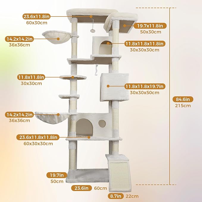 Beige 84in Heavy Duty Cat Tree, Cat Tree Tower for Indoor Cats Large Adult, Extra Cat Tower with 12 Sisal Scratching Post, Large Top Platform, Hammock, Cat Condo for Kittens