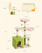 Flower Cat Tree for Indoor Cats, 2-Door Large Cat Condo Cave Bed for Big Adult Cats, 41.2'' Cute Cat Tower with Scratching Posts, Cozy Floral Perch and Hammock for Kittens, Green Pink
