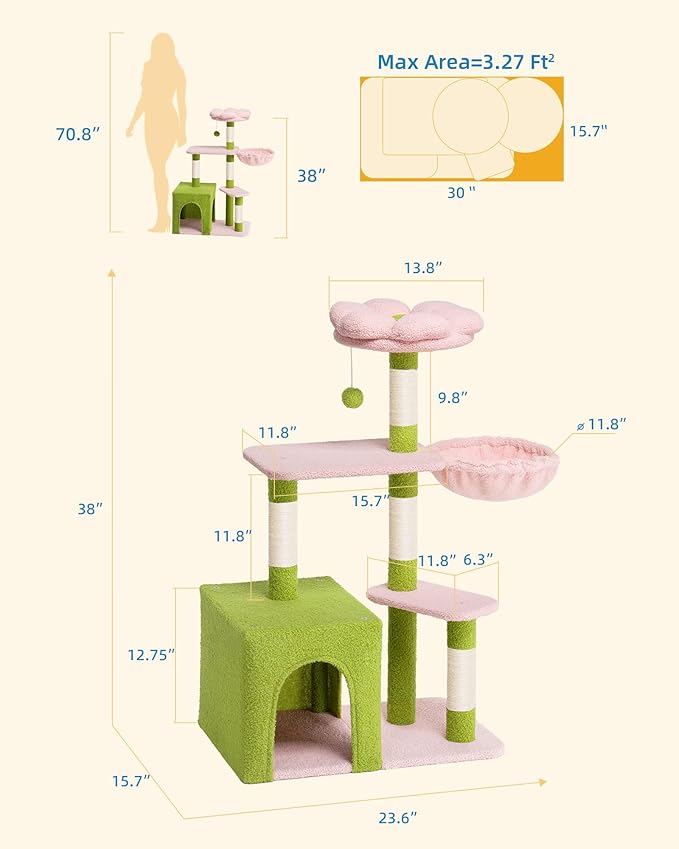 Flower Cat Tree for Indoor Cats, 2-Door Large Cat Condo Cave Bed for Big Adult Cats, 41.2'' Cute Cat Tower with Scratching Posts, Cozy Floral Perch and Hammock for Kittens, Green Pink