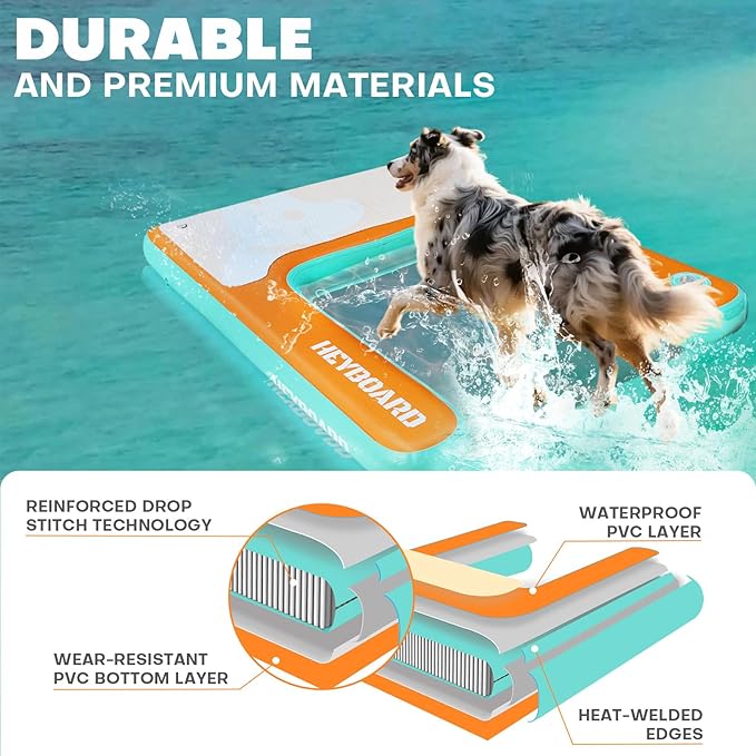 HEYBOARD Inflatable Dog Pool Ramp for Large Dogs Safe Dog Dock Boat Ramp Floating Pontoon Ladder Steps for Dogs Up to 230 lbs with Non-Slip EVA for Pool & Lake