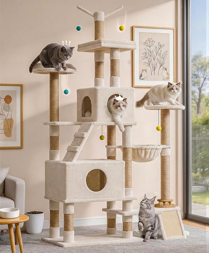 Catlike Rock-Solid 76" Tall Cat Tree Tower for Indoor Cats Large Adult, Heavy Duty Multi-Level Large Cat Tree with Sisal Scratching Posts, Perches, Cat Condos, Hammock Baskets, Cat Tower Natural Beige