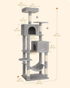 Feandrea Cat Tree, 73.2-Inch Tall Cat Tower, Plush Multi-Level Condo with 5 Scratching Posts, 2 Perches, 2 Caves, Hammock, 2 Pompoms, Light Gray UPCT191W01