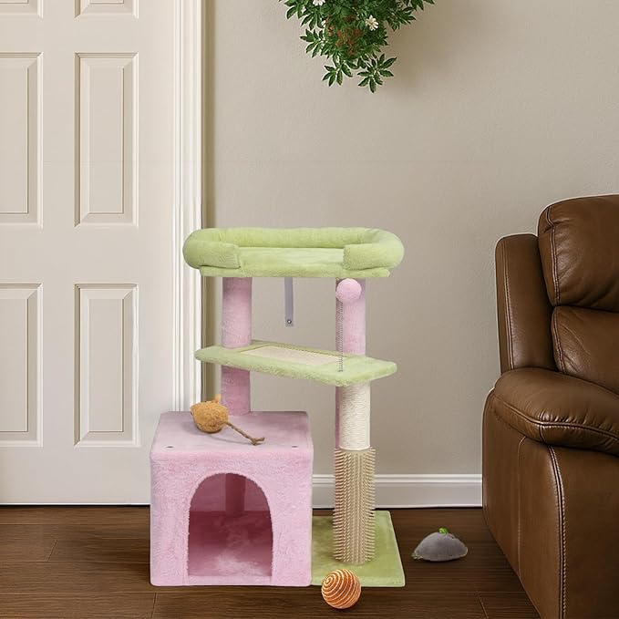 Cat Tree for Indoor Cats, 27'' Small Cat Tower Cat Condo with Sisal Scratching Ramp, Cozy Hammock and Removable Flower Bed Perch for Kittens (Pastel Pink)