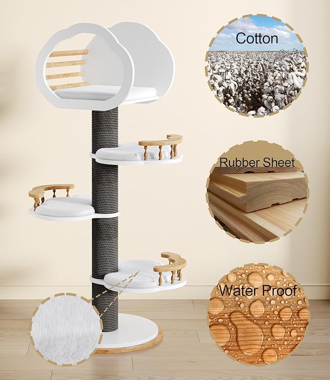 Cat Tree 54in Modern Cat Tree Tower with Scratching Posts, Natural Solid Wood Multi-Layer Cat Condo Tower for Indoor Cats, Luxury Cat House Furniture with Big Bed