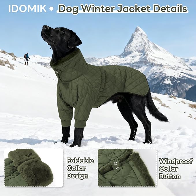 IDOMIK Dog Winter Coat for Large Dogs, Warm Dog Winter Jacket with Fleece High Collar, Zippered Cold Weather Coats for Dogs, Waterproof Doggy Snow Jacket Clothes,Green,3XL