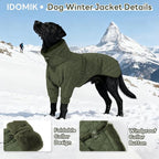 IDOMIK Dog Winter Coat for Large Dogs, Warm Dog Winter Jacket with Fleece High Collar, Zippered Cold Weather Coats for Dogs, Waterproof Doggy Snow Jacket Clothes,Green,XL