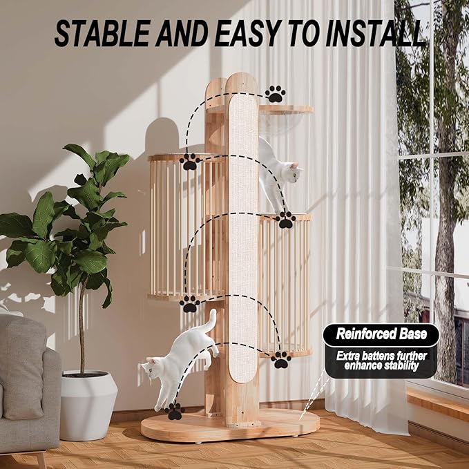 Modern Cat Tree Tower for Indoor Cats, 67" Tall Solid Wooden Cat Tower with Scratching Posts, 6 Level Natural Luxury Cat House, Washable Cushions Cat Furniture for Large Multi-Cat Households White