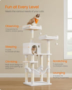 Feandrea Cat Tree, 56.3-Inch Cat Tower, Multi-Level Plush Condo with 11 Scratching Posts, 2 Perches, Hammock, Cave, Cream White UPCT015W02