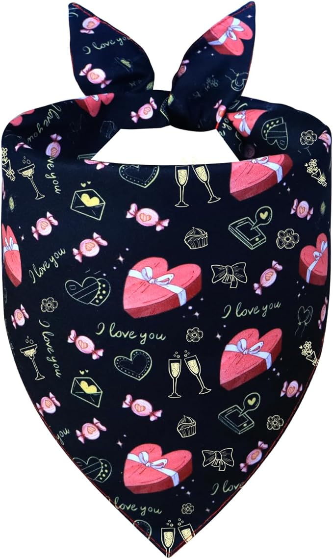 Valentine’s Day Dog Bandana for Small to Medium Dogs - Reversible Black Red Hearts Candy Print Scarf, Cute Pet Accessory for Valentine Gift