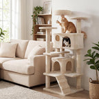 Tangkula Cat Tree Tower, 52 Inch Multi-Level Cat Tower with Sisal Scratching Posts, Cushioned Top Perch, Large Dual Condos & Ladder, 2 Hanging Balls, Jumping Platforms for Indoor Cats (Beige)