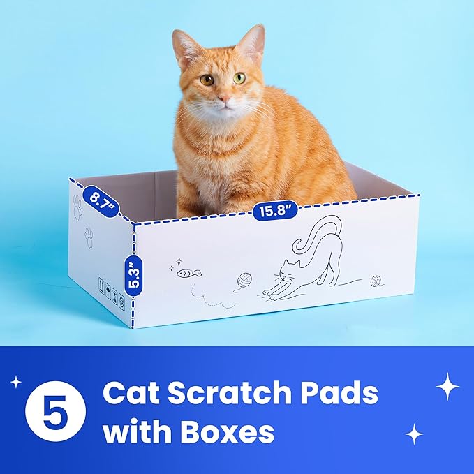 5-Pack Double-Sided Cat Scratchers with Box & Fish Toy - Reversible Cat Scratch Pad for Indoor Cats, Durable Corrugated Cardboard Cat Scratcher for Cats to Rest and Play, Furniture Protector