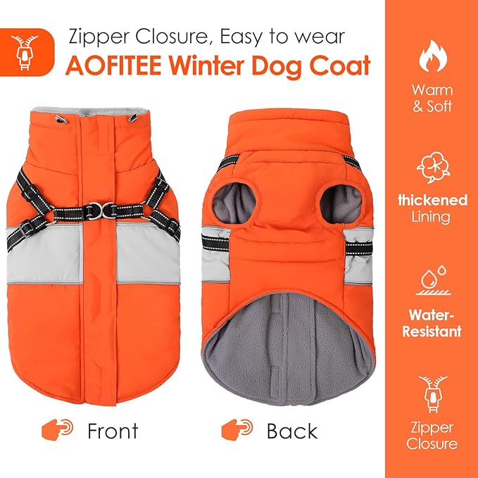 AOFITEE Dog Coat Warm Dog Winter Coat, Waterproof Dogs Jacket with Harness, Dogs Snow Jacket Snowsuit with Zipper & Furry Collar, Reflective Windproof Pet Sweater for Cold Weather, French Bulldog, L