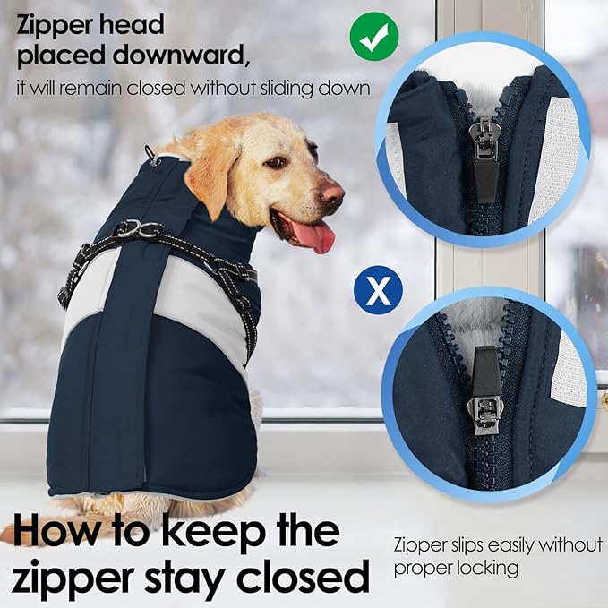 AOFITEE Dog Coat Warm Dog Winter Coat, Waterproof Dogs Jacket with Harness, Dogs Snow Jacket Snowsuit with Zipper & Furry Collar, Reflective Windproof Pet Sweater for Cold Weather, French Bulldog, L